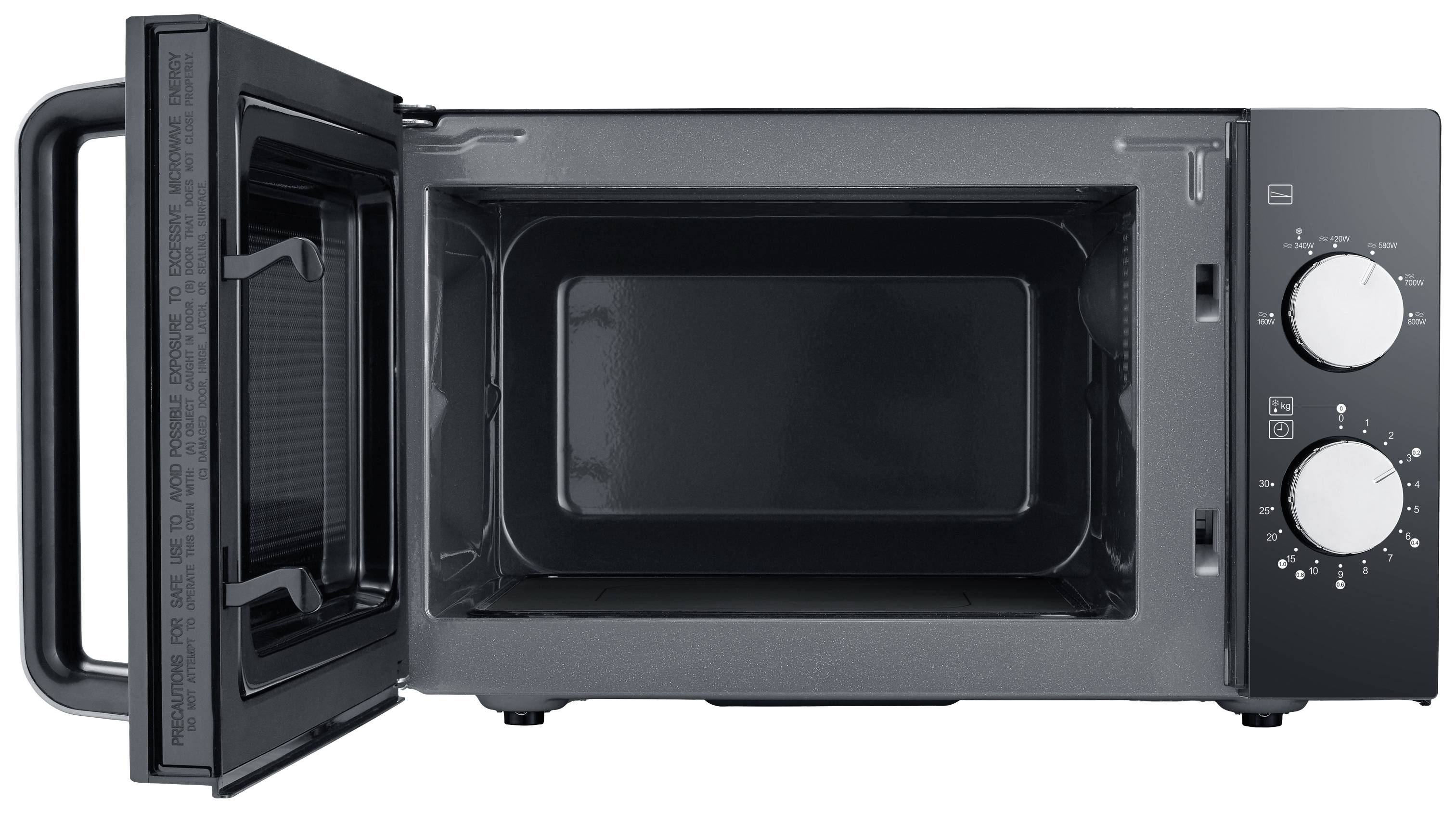 Four à micro-ondes avec la porte ouverte, montrant l'intérieur. Deux boutons rotatifs sur le côté droit pour le contrôle.