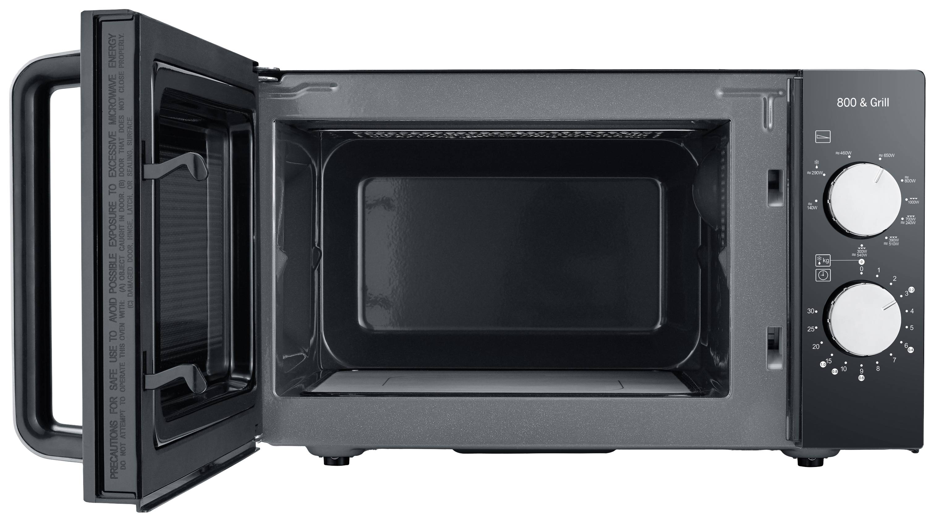 Four micro-ondes ouvert avec deux boutons rotatifs pour la puissance et le temps. Intérieur vide, porte ouverte sur le côté gauche.