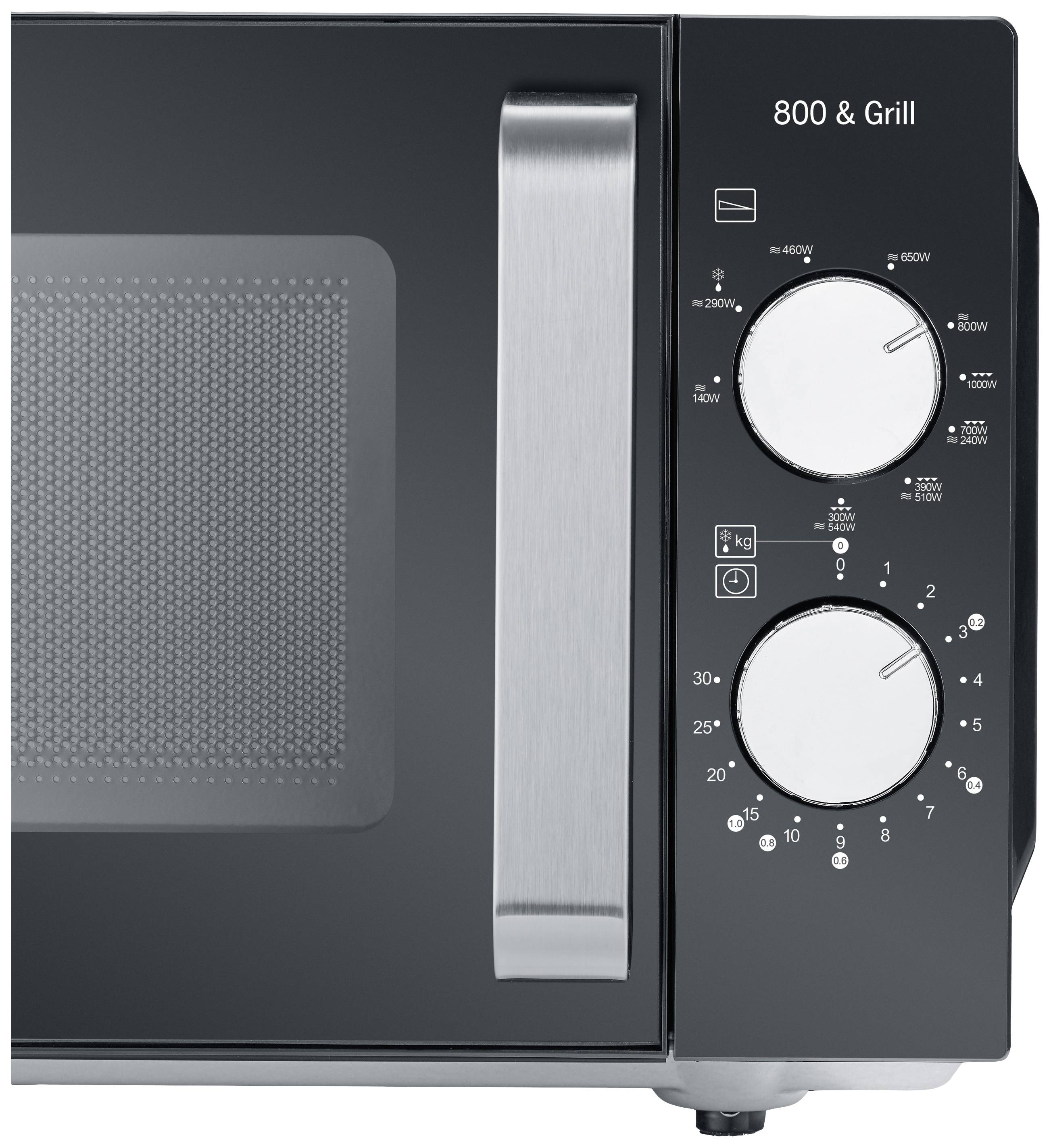 Le côté droit d'un four micro-ondes avec deux boutons rotatifs pour les niveaux de puissance et le réglage du temps ; étiquette '800 & Grill'.