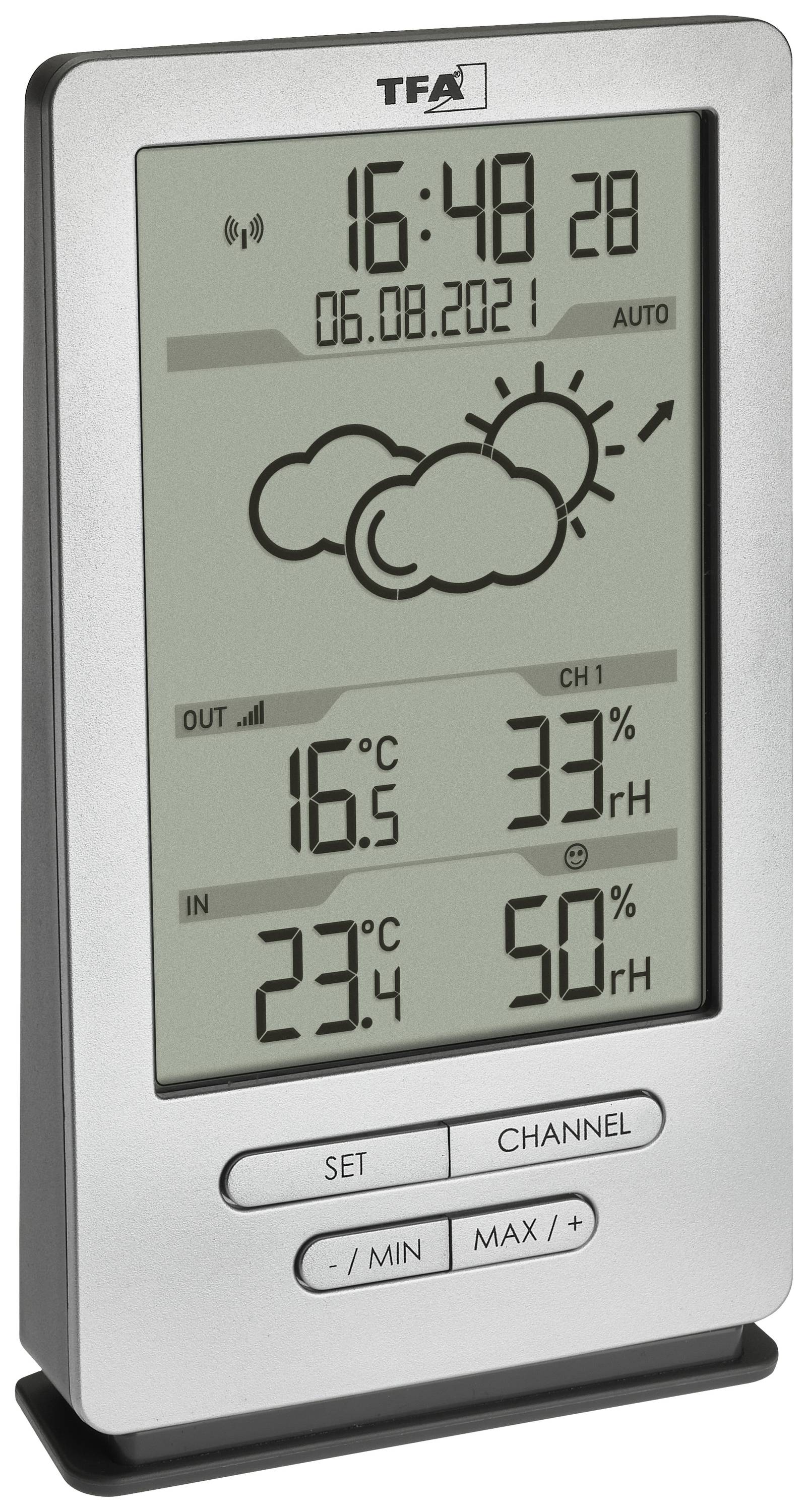 Thermomètre numérique avec l'heure '16:48', date '06.08.2021', indication météo avec symbole de nuage, température extérieure 16,5°C, température intérieure 23,4°C, humidité extérieure 33%, humidité intérieure 50%.