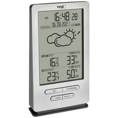 Thermomètre numérique avec l'heure '16:48', date '06.08.2021', indication météo avec symbole de nuage, température extérieure 16,5°C, température intérieure 23,4°C, humidité extérieure 33%, humidité intérieure 50%.