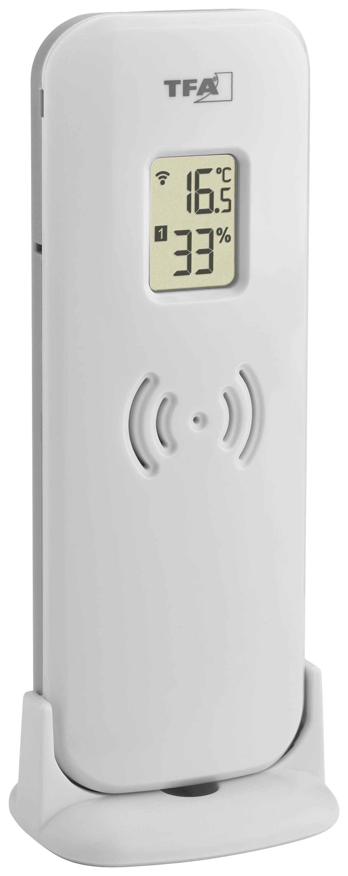 Thermomètre numérique avec hygromètre affichant '16°C' et '33%' d'humidité. Le symbole sans fil indique une connexion.