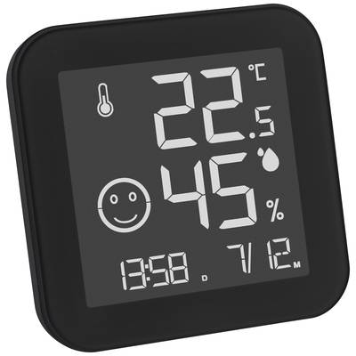 Thermomètre et hygromètre numériques affichent '22,5°C', '45%' d'humidité, date '7/12', heure '13:58'. Le smiley indique des conditions agréables.