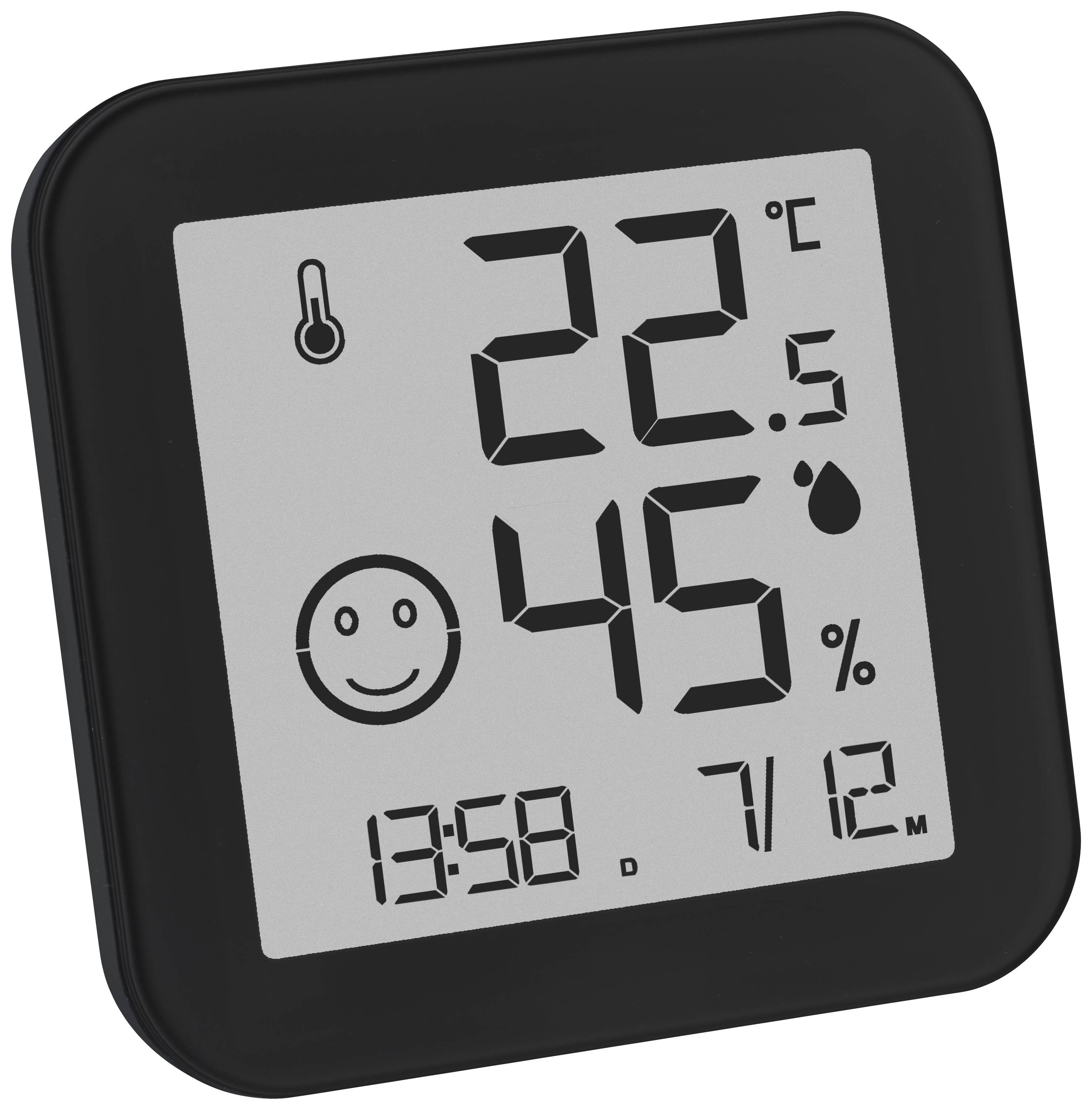 Thermomètre-hygromètre numérique avec cadre noir affiche 22,5 degrés Celsius, 45% d'humidité et une heure de 13:58.