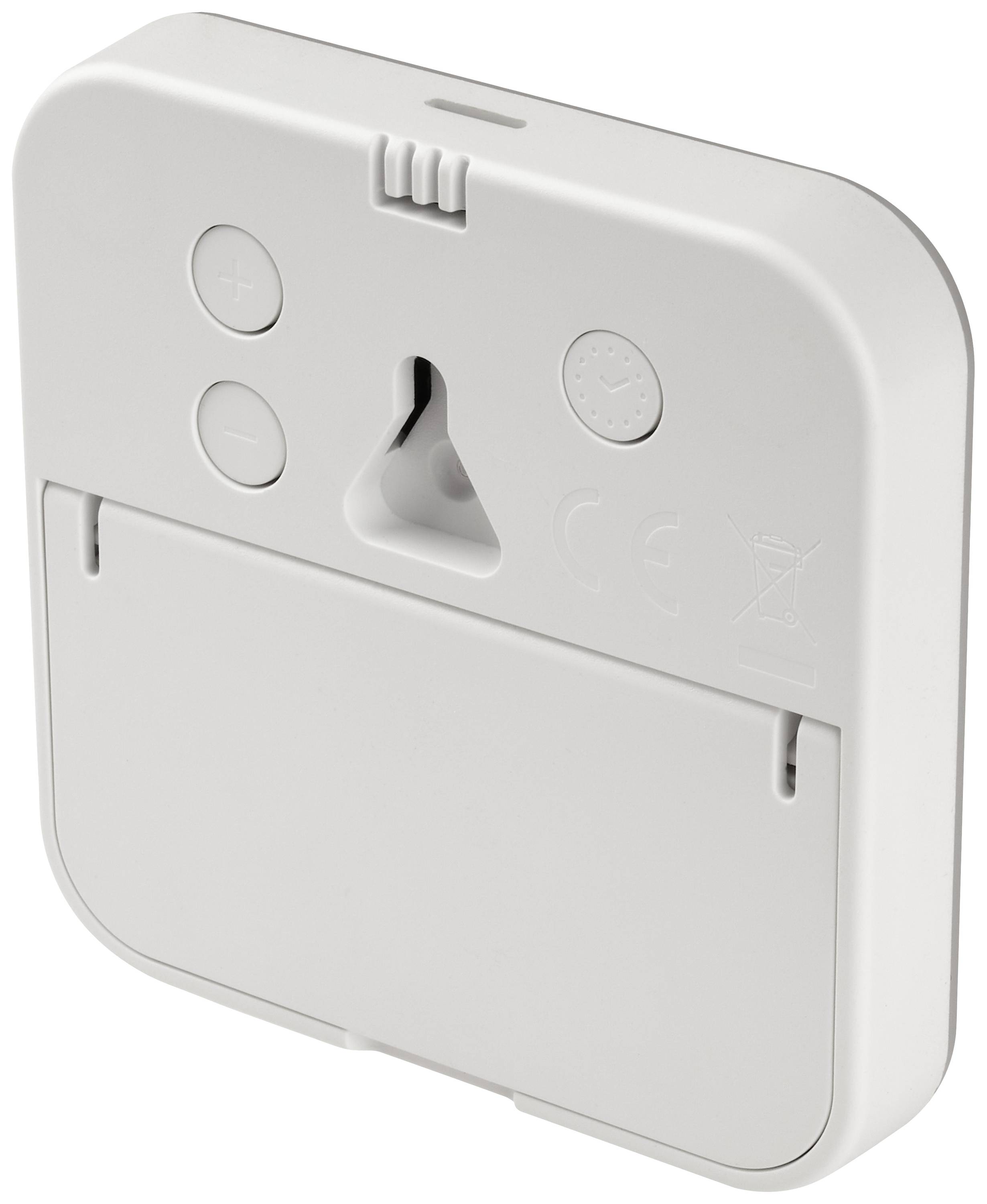 Dos d'un appareil électronique avec support mural, deux boutons et un compartiment à piles.