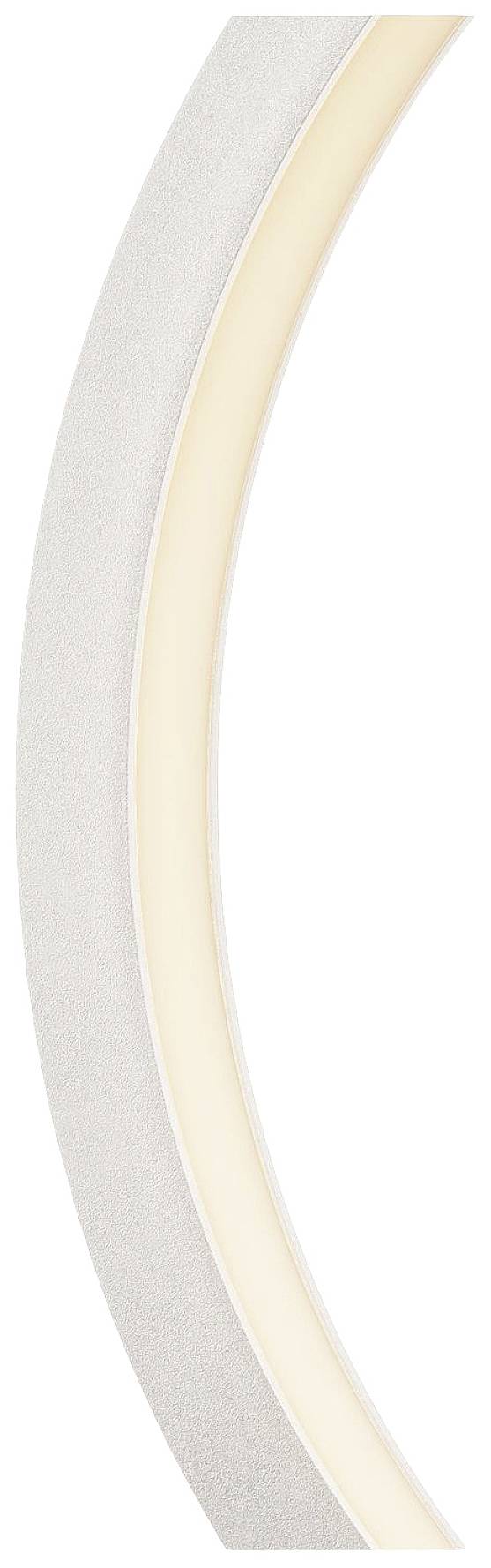 Une bande lumineuse blanche courbée sur un fond blanc, illustrant un design moderne ou un élément d'éclairage.