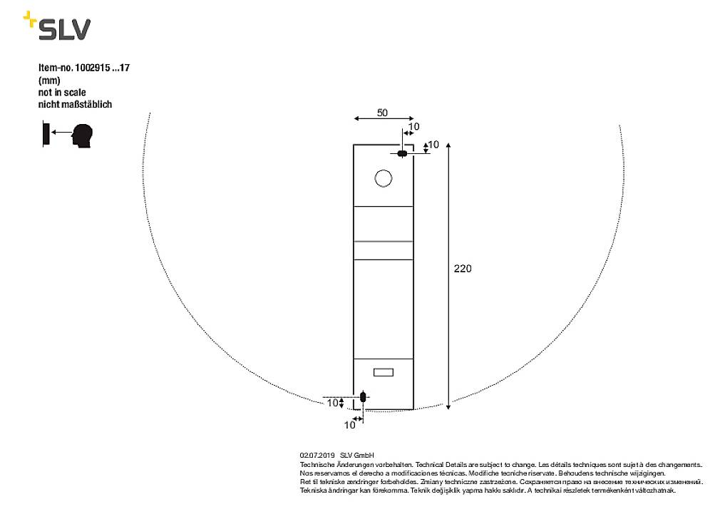 Dessin technique d'un luminaire SLV avec dimensions. Hauteur : 220 mm, Largeur : 50 mm. Non proportionnel.