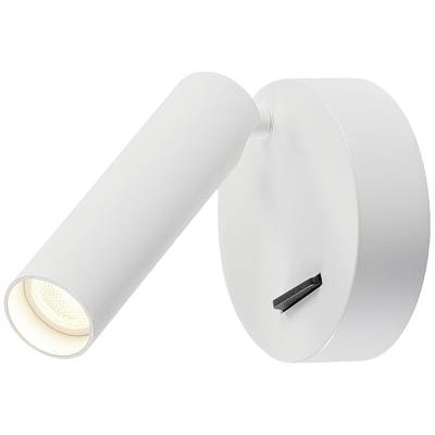 Lampe murale blanche, cylindrique, avec un spot orientable et une base ronde, dirigée vers la gauche.