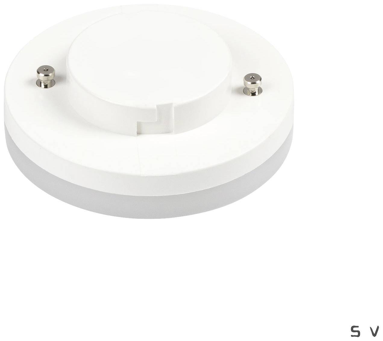 Détecteur de fumée rond, blanc, avec plaque de montage. Deux vis sont visibles.