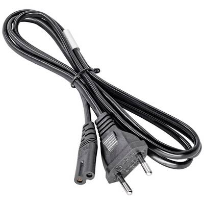 Un câble réseau noir avec une fiche bipolaire et un connecteur, adapté aux appareils électriques en Europe.
