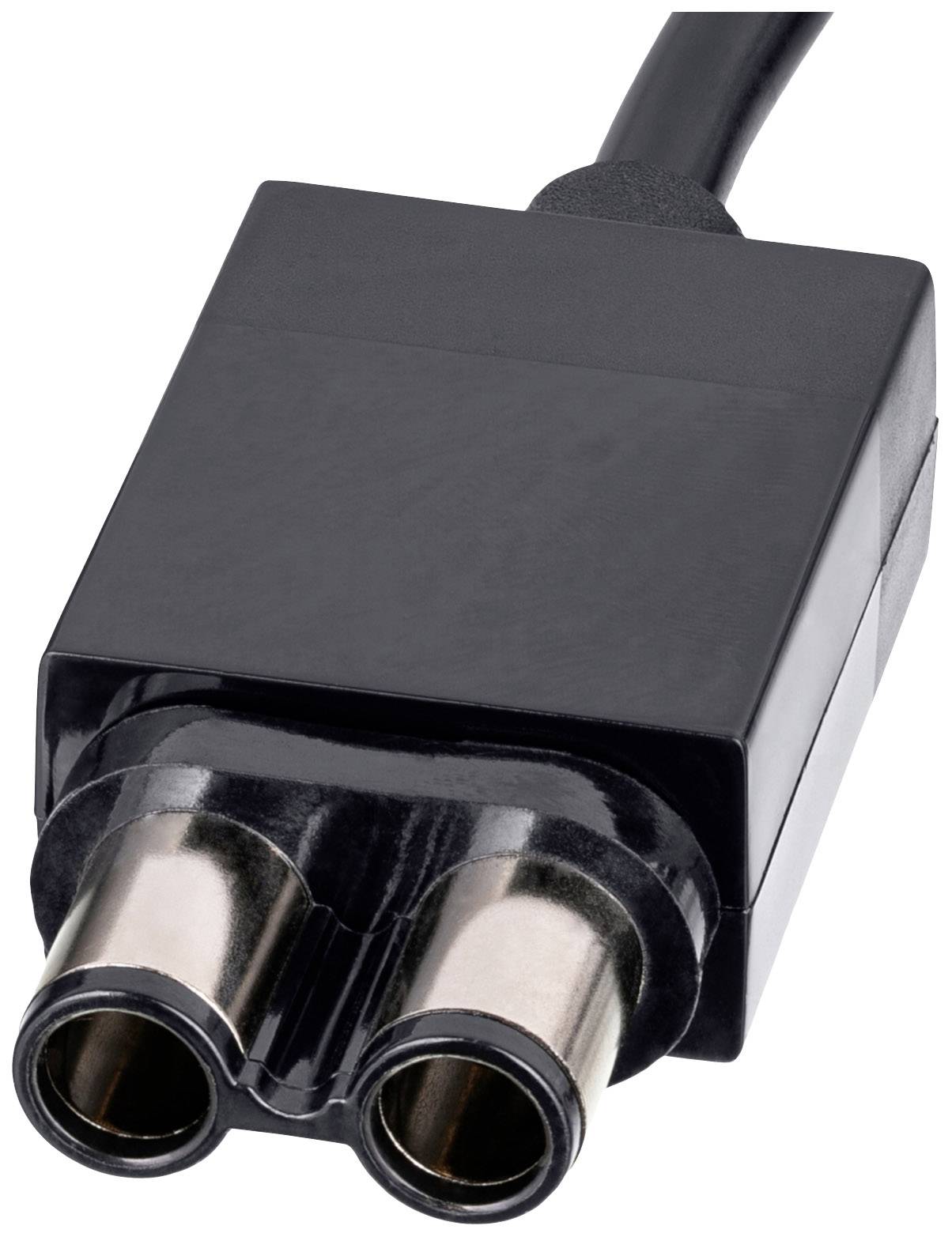 Un connecteur noir à deux broches avec deux bornes métalliques, relié à un câble. Adapté pour les appareils électroniques.