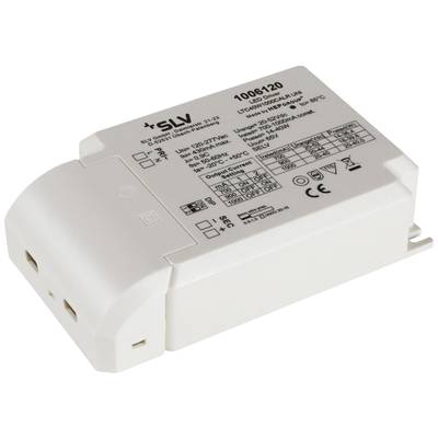 Un module transformateur LED blanc avec des détails techniques et des diagrammes de spécification électrique sur sa surface supérieure.
