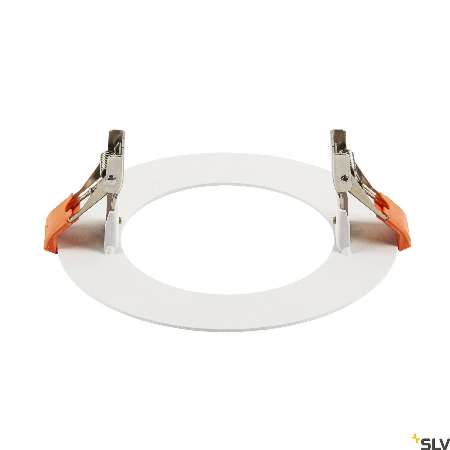 Cadre d'encastrement blanc avec des clips lisses des deux côtés, adapté pour une installation au plafond. Parfait pour les unités d'éclairage.