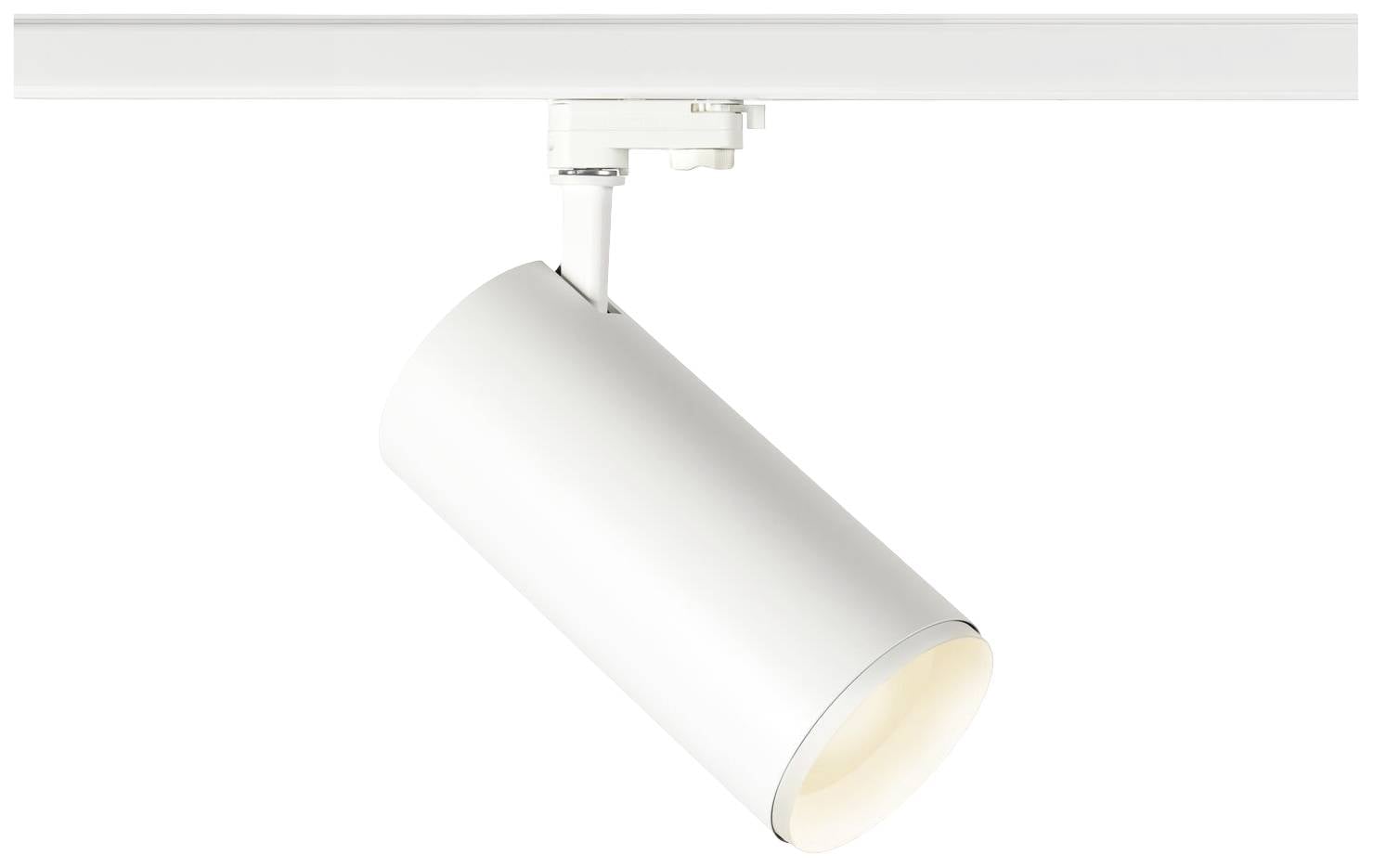 Applique cylindrique blanche, légèrement inclinée, fixée au plafond.