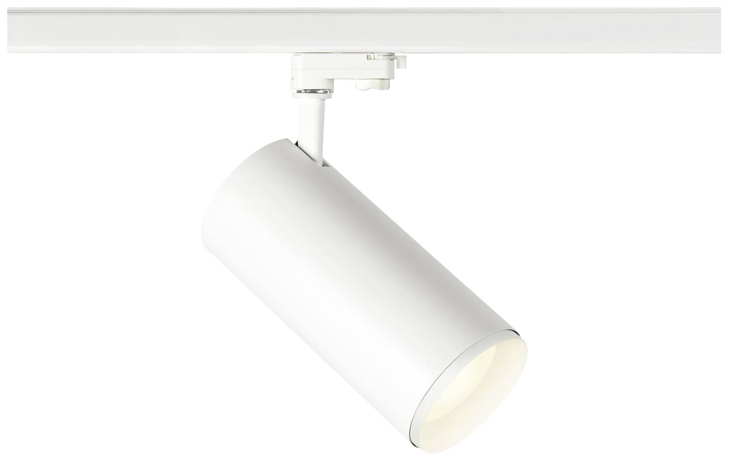 Projecteur cylindrique blanc monté sur rail, avec la lumière allumée et dirigée vers le bas.