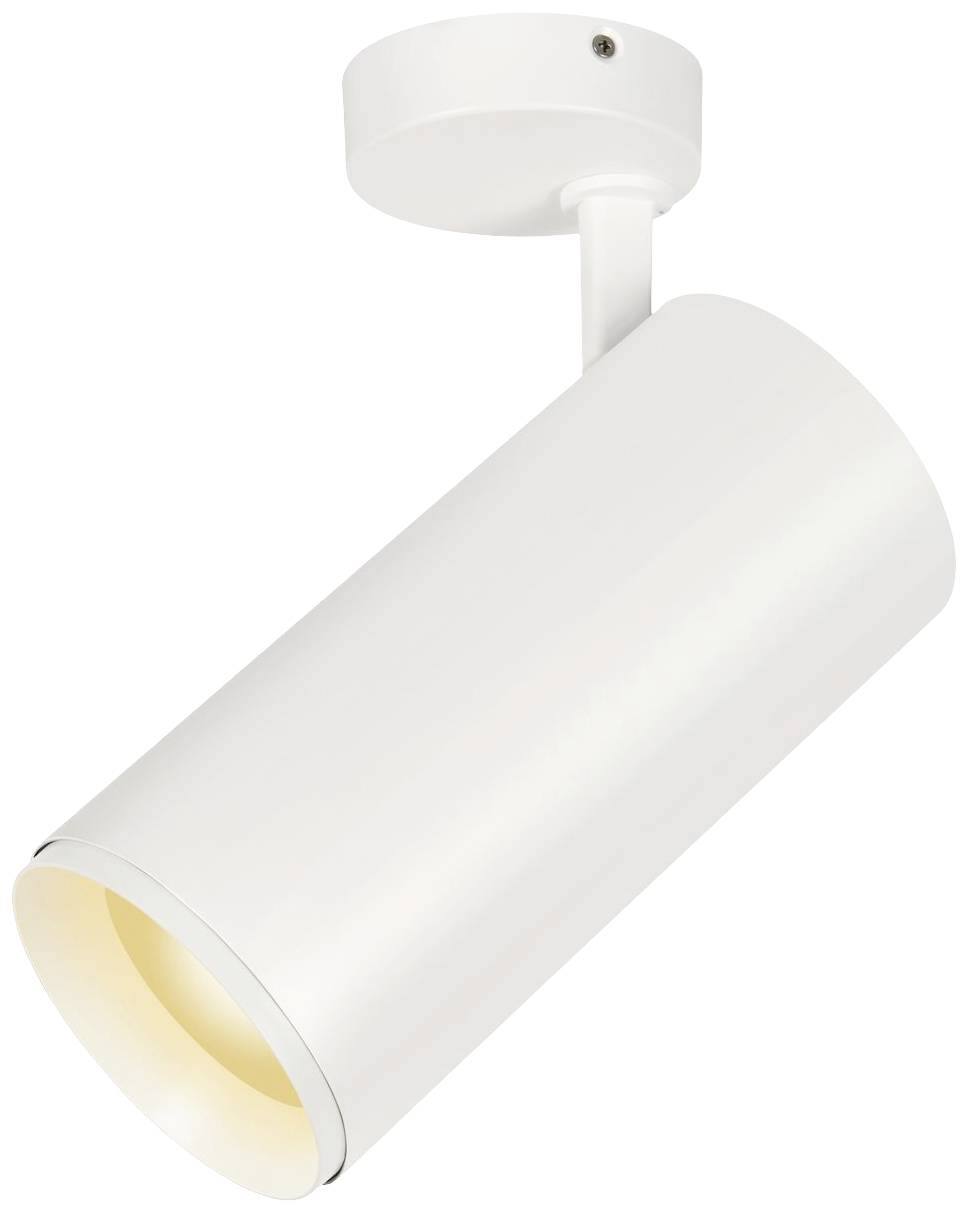 Plafonnier cylindrique blanc, dirigé vers le bas.