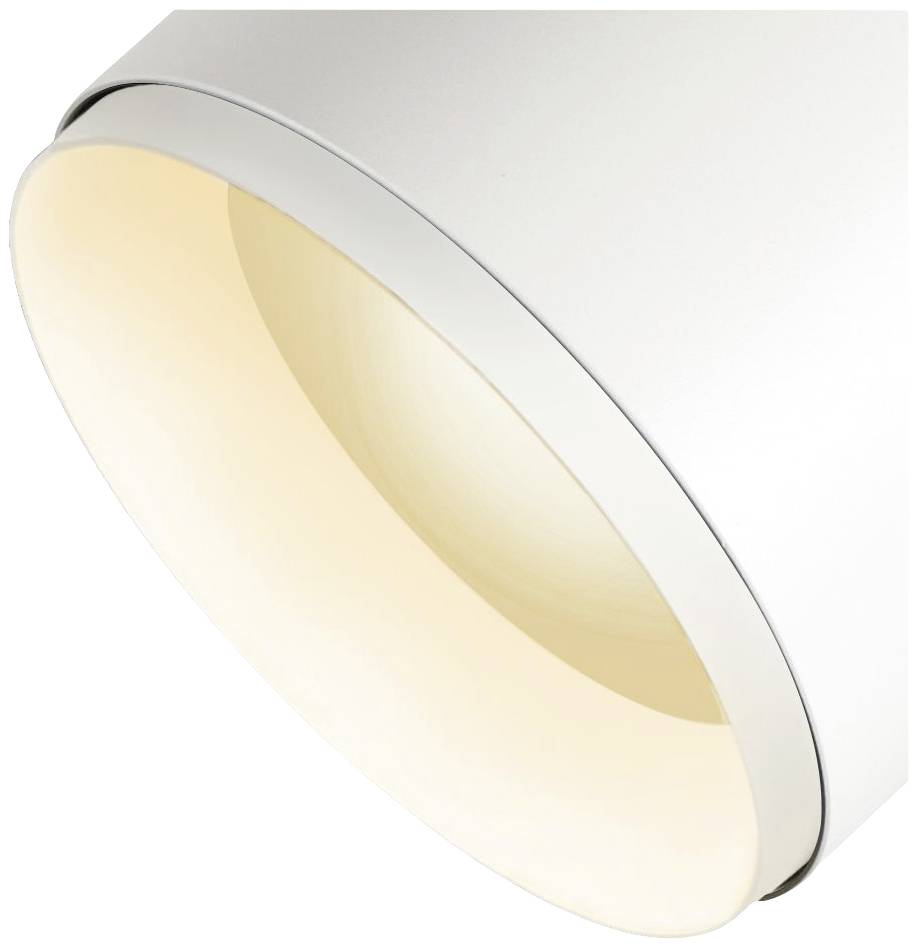 Plafonnier au design moderne et rond en blanc, diffusant une lumière douce et chaleureuse sous un angle incliné.