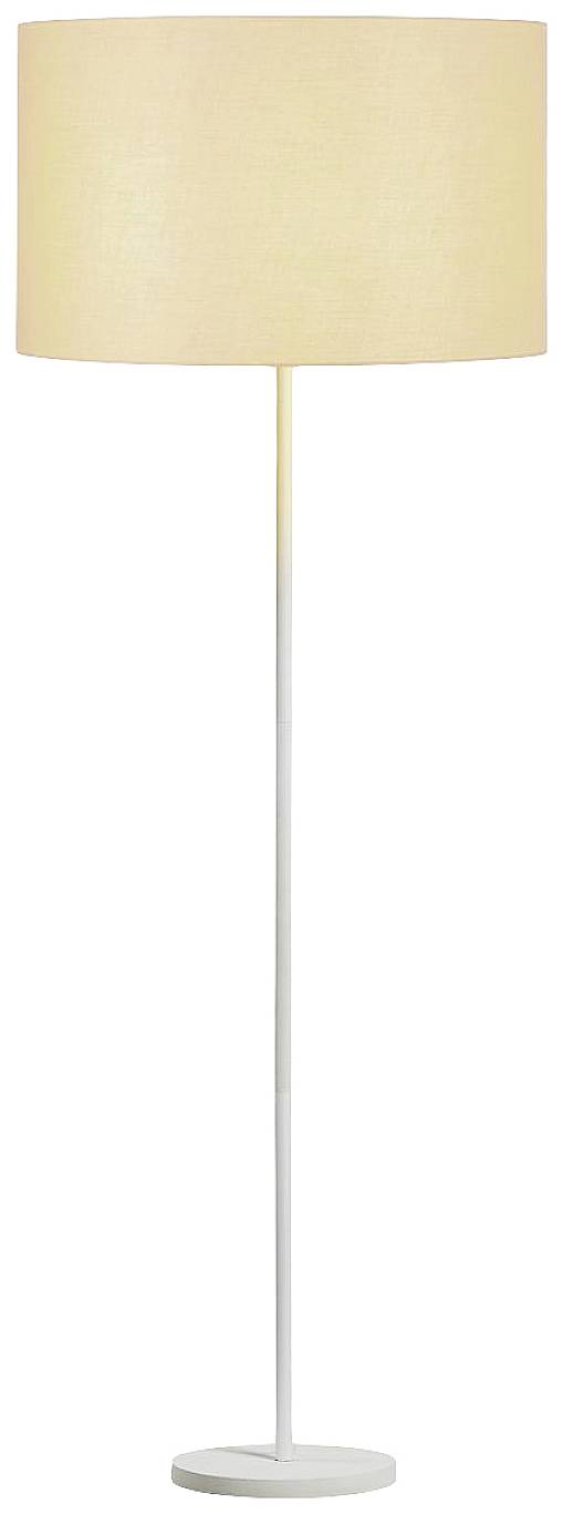 Lampadaire avec un châssis simple et blanc, et un abat-jour cylindrique beige.