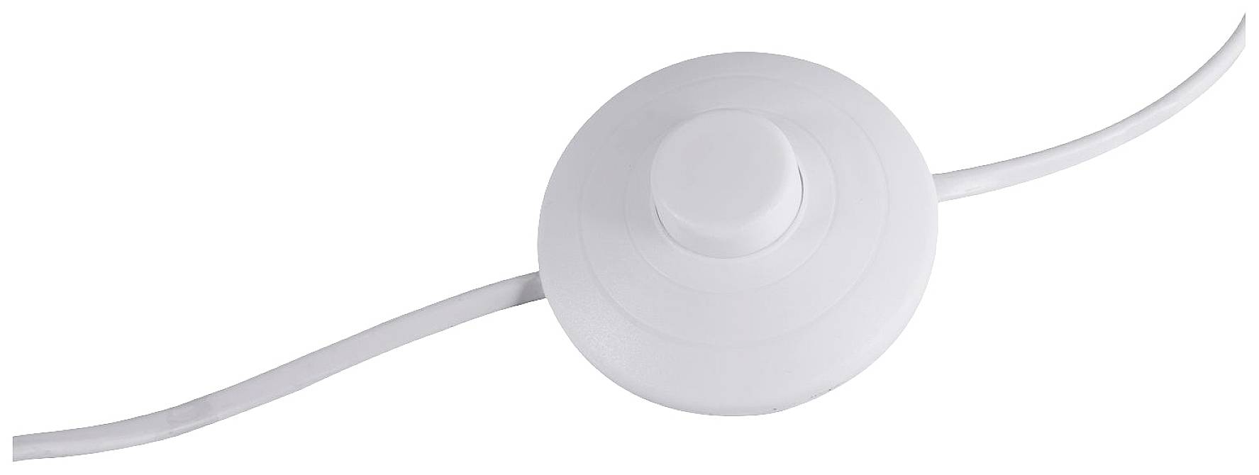 Un interrupteur au pied blanc et rond pour une lampe, doté d'un long câble de chaque côté.
