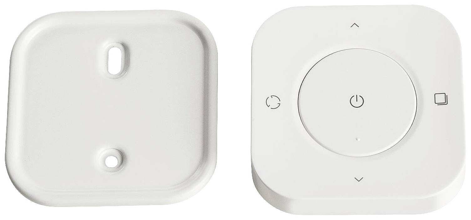 Télécommande blanche, carrée, dotée d'un bouton marche/arrêt et de deux touches fléchées, avec un couvercle amovible à côté.