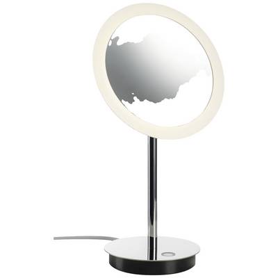 Un miroir sur pied rond avec un éclairage, reposant sur un socle en métal. Le miroir présente une surface lisse qui réfléchit légèrement la lumière.