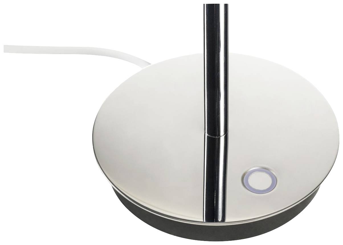 Une base ronde en argent pour une lampe, dotée d'un mince support vertical et d'un bouton-poussoir rond sur la base.