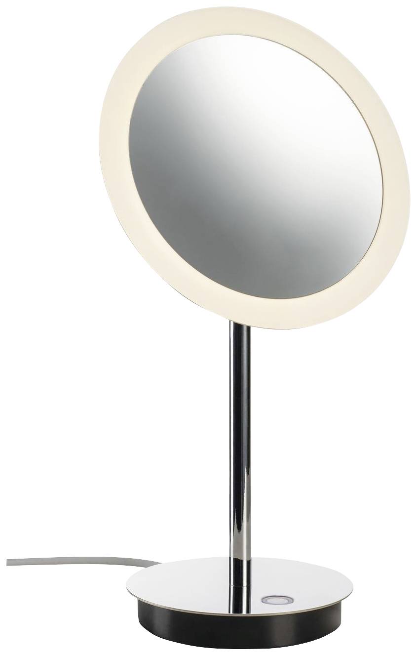 Miroir de cosmétique avec socle chromé et cadre éclairé. Idéal pour des rituels de soin du visage précis.