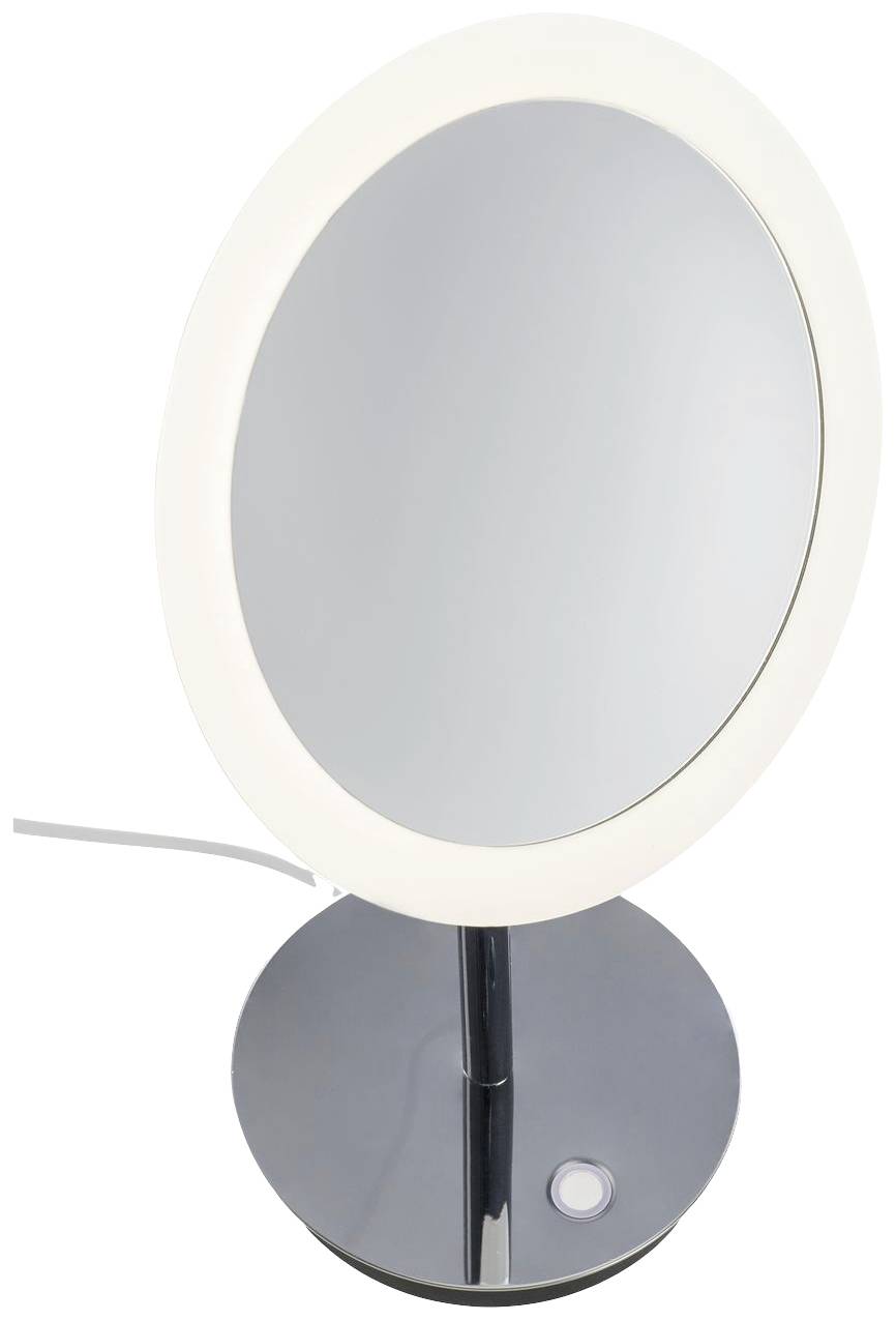 Miroir de maquillage lumineux à base chromée, idéal pour le maquillage ou le rasage.
