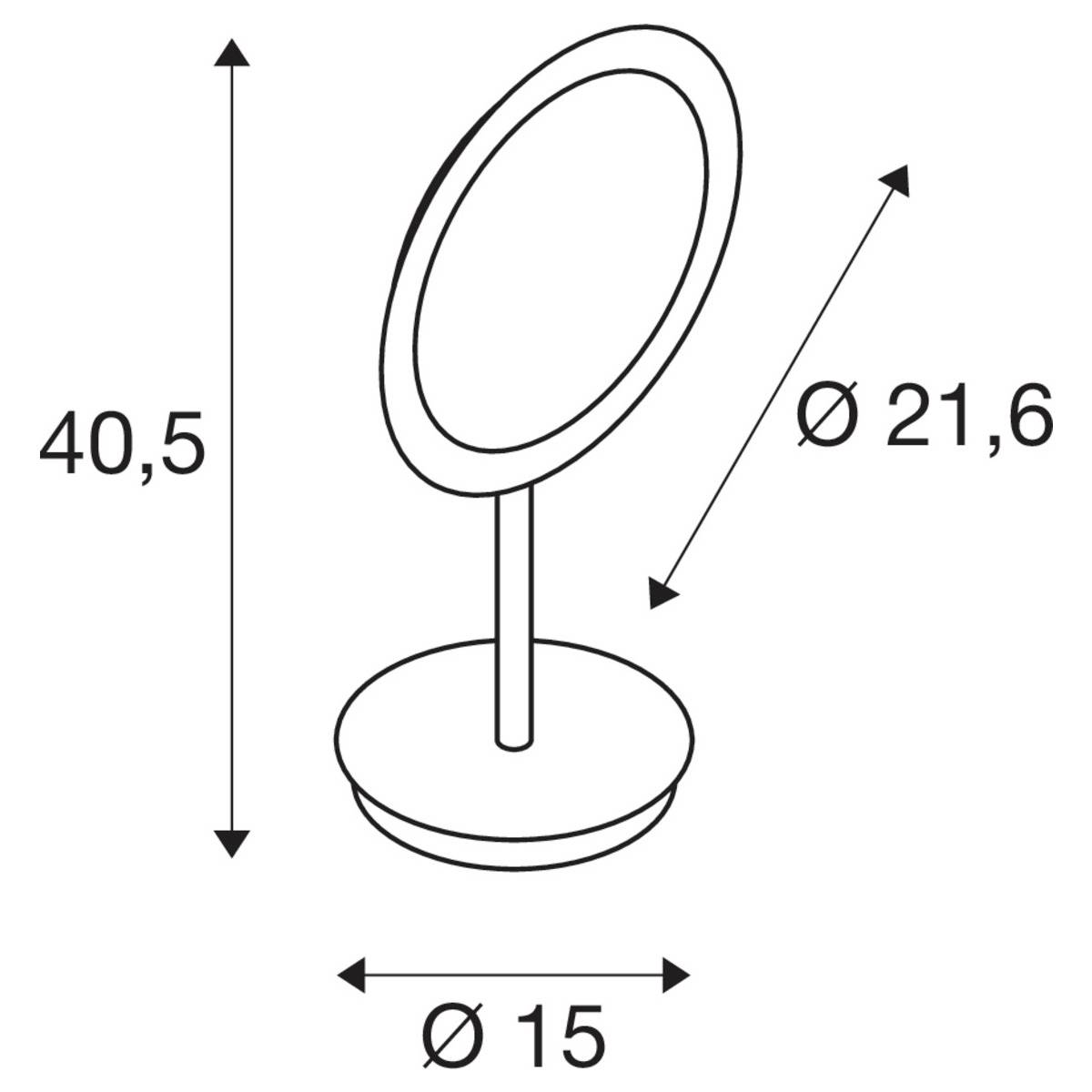 Illustration d'un miroir de maquillage ovale avec les dimensions suivantes : hauteur 40,5 cm, diamètre du miroir 21,6 cm, diamètre du socle 15 cm.