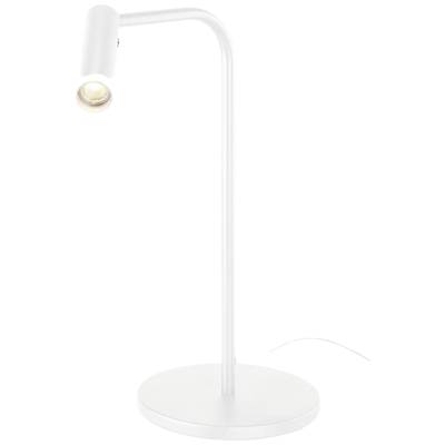 Lampe de table blanche minimaliste avec support incurvé et tête cylindrique, reposant sur un socle rond.