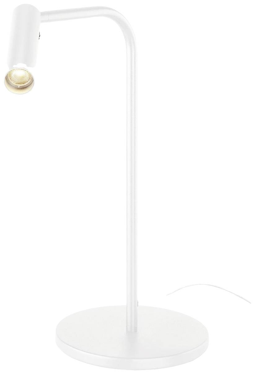 Une lampe de table moderne, blanche, avec un abat-jour cylindrique et un socle rond. Adaptée aux bureaux ou aux tables de travail.