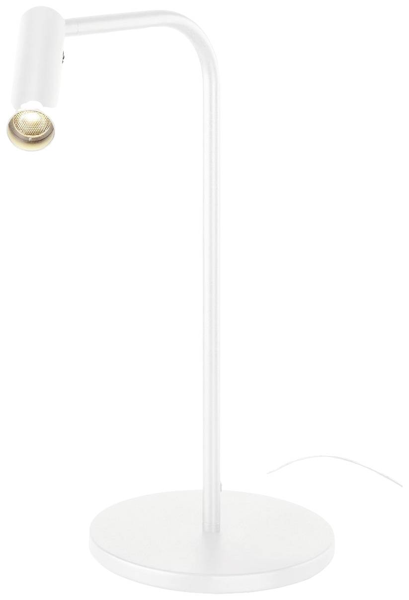 Lampe de table blanche moderne avec tête orientable et socle rond. Idéale pour bureaux ou tables de chevet.