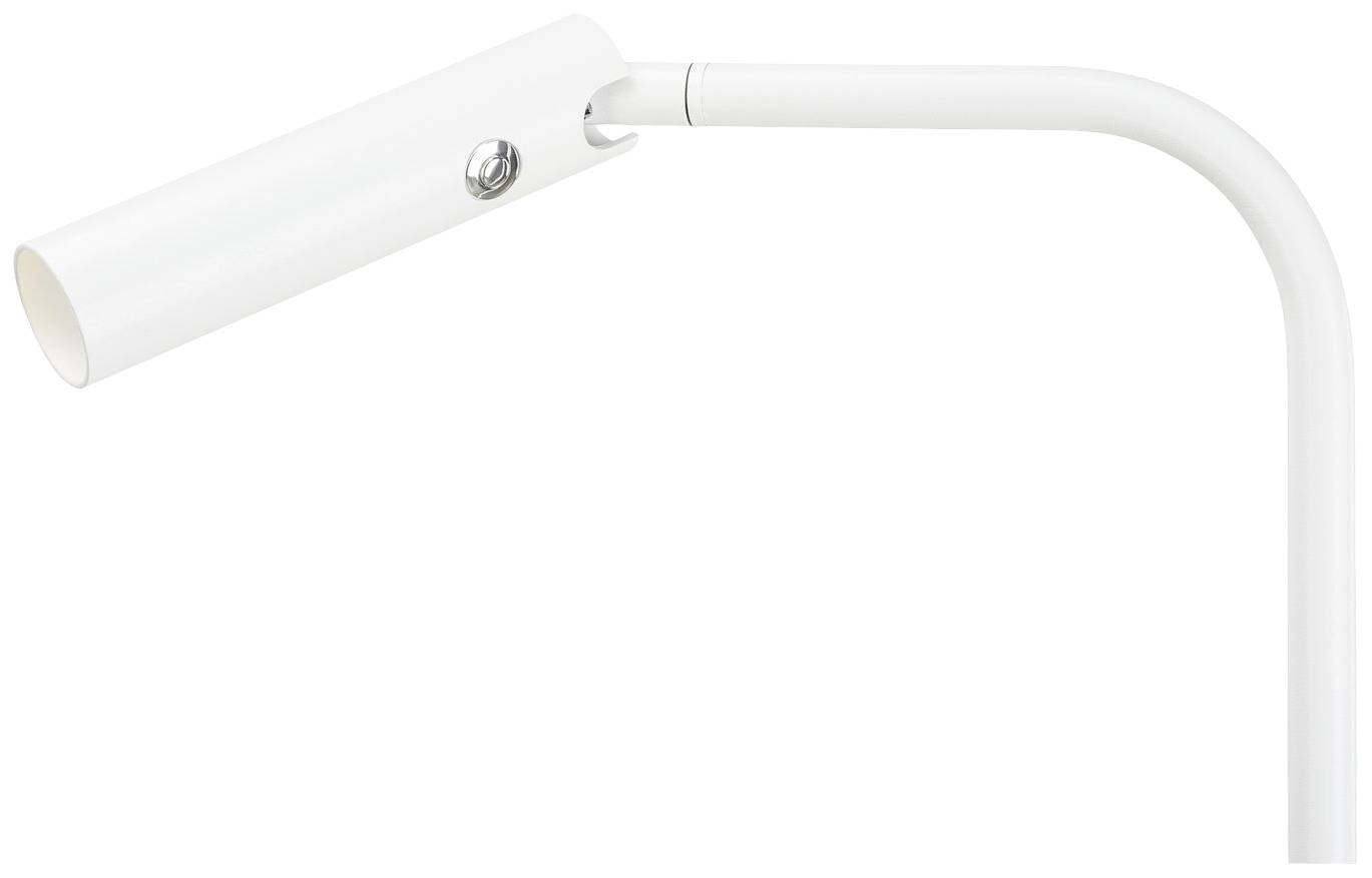 Lampe de bureau blanche, minimaliste, avec col ajustable et angle d'éclairage réglable.