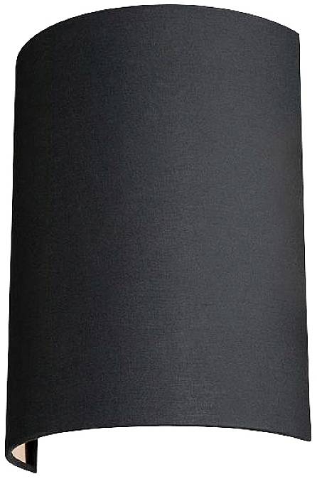 Applique murale noire avec un abat-jour semi-cylindrique, s'ouvrant vers le haut et le bas pour un éclairage indirect.