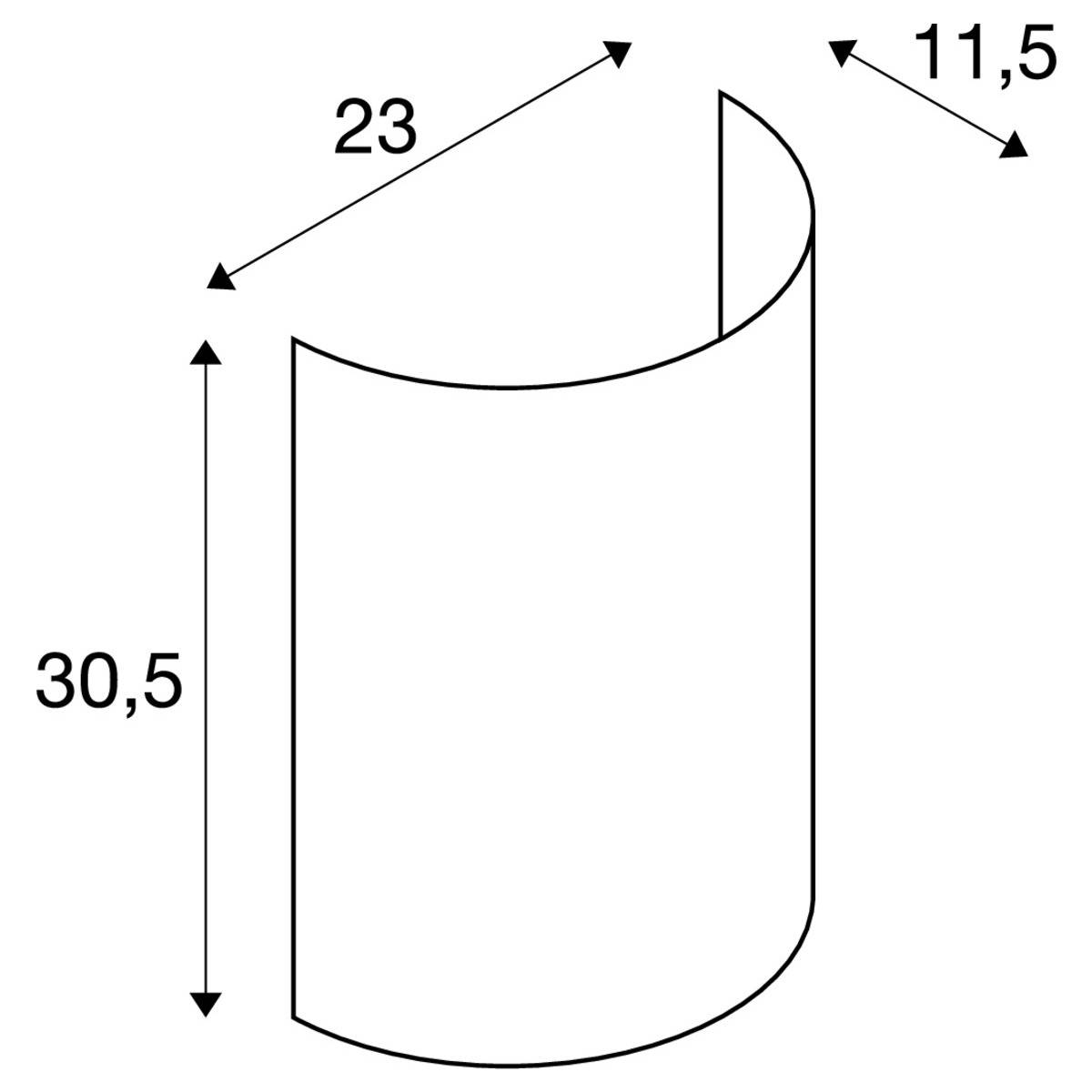 Coupe transversale d'un cylindre semi-circulaire avec une hauteur de 30,5 cm, une largeur de 23 cm et un diamètre de 11,5 cm.