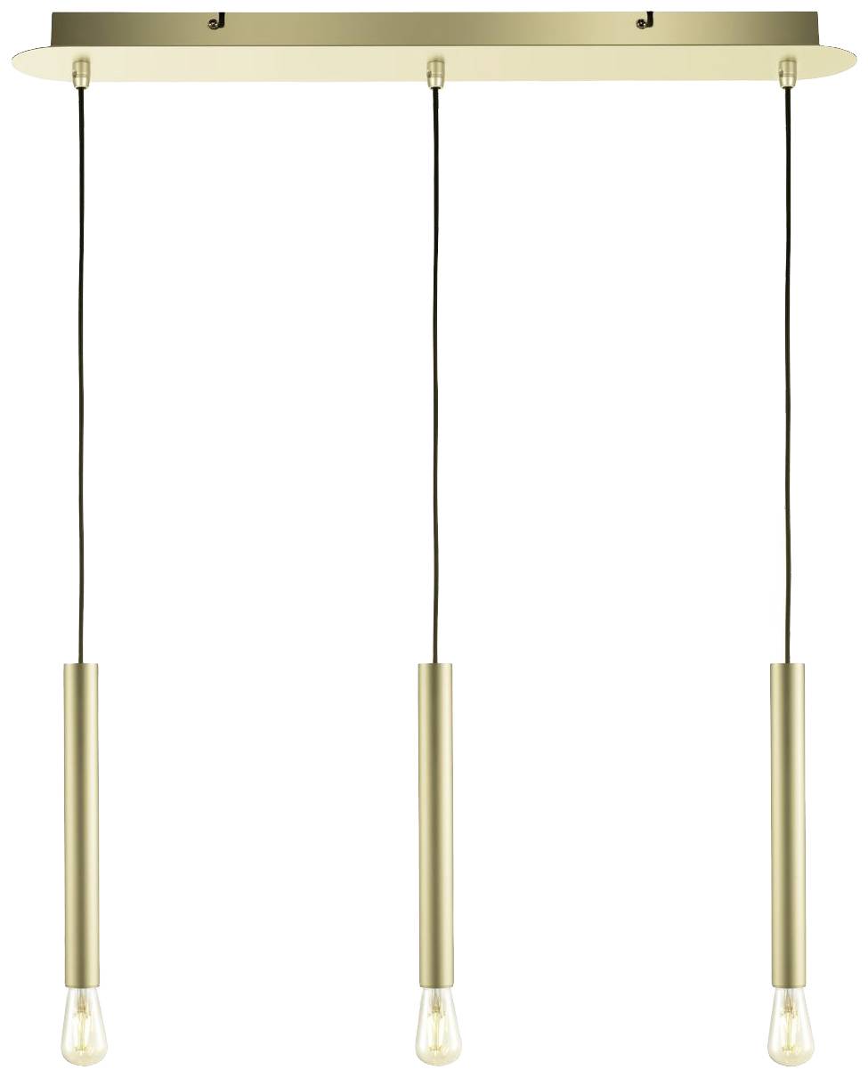 Suspension luminaire composée de trois pendentifs étroits dorés et d'ampoules, fixés à une poutre de plafond rectangulaire dorée.