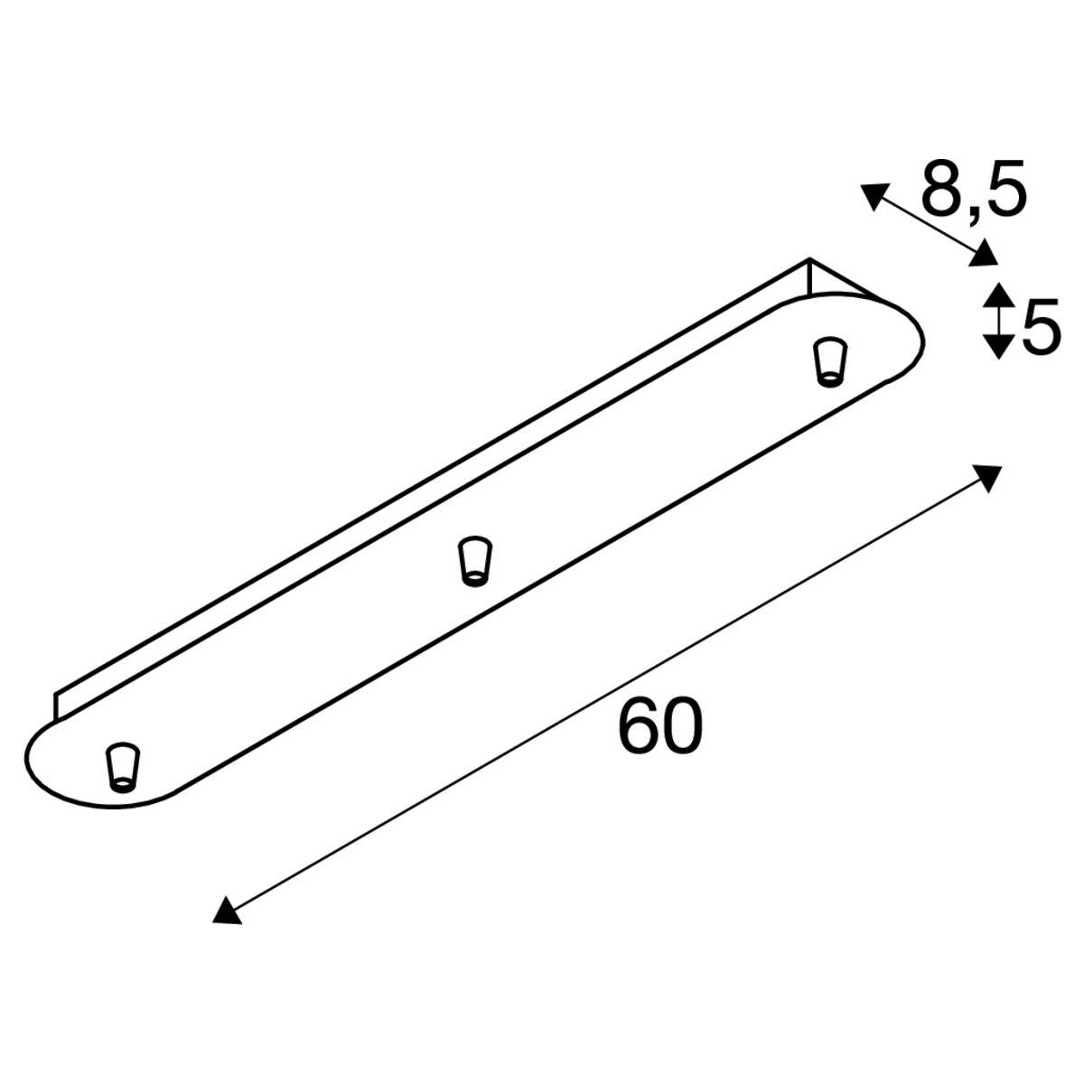 Dessin technique d'une poutre métallique plate et rectangulaire. Dimensions : 60 cm de long, 8,5 cm de hauteur, 5 cm de profondeur. Marquer les trous de perçage.