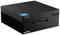Un mini-PC compact noir avec logo de marque. Le tableau avant présente les ports : USB, HDMI, Audio. Design minimaliste.