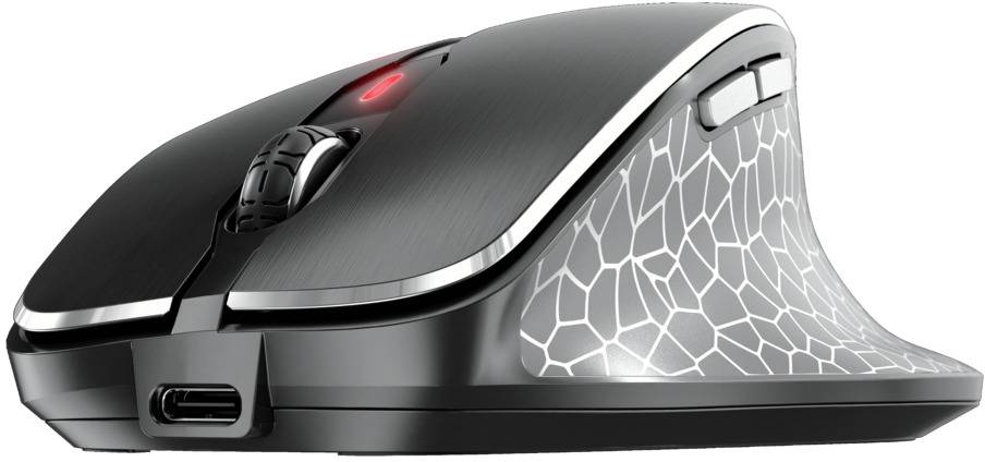 Souris d'ordinateur sans fil noire avec un capteur rouge lumineux et un design ergonomique. Structure latérale avec un motif géométrique gris.