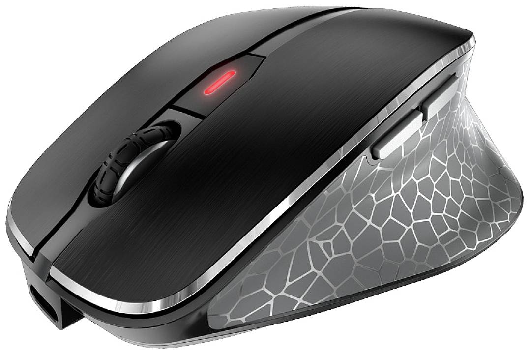 Souris d'ordinateur noire au design ergonomique et au motif géométrique sur les côtés, avec une lumière rouge s'allumant sur le dessus.