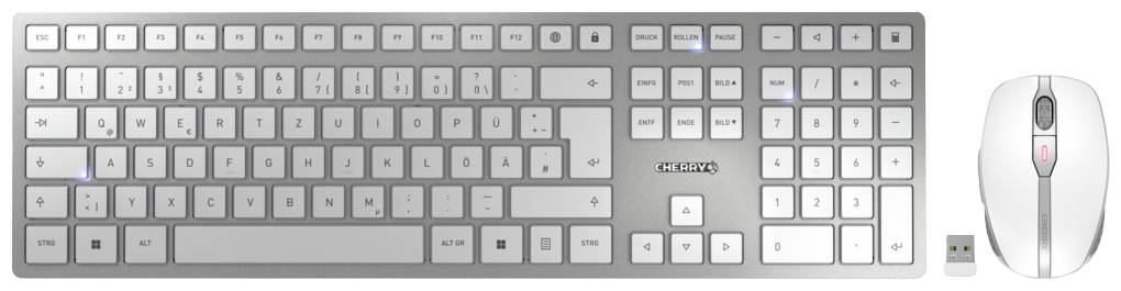 Combinaison clavier et souris sans fil en argent et blanc. Comprend une disposition de clavier allemande et un récepteur USB pour la connexion.