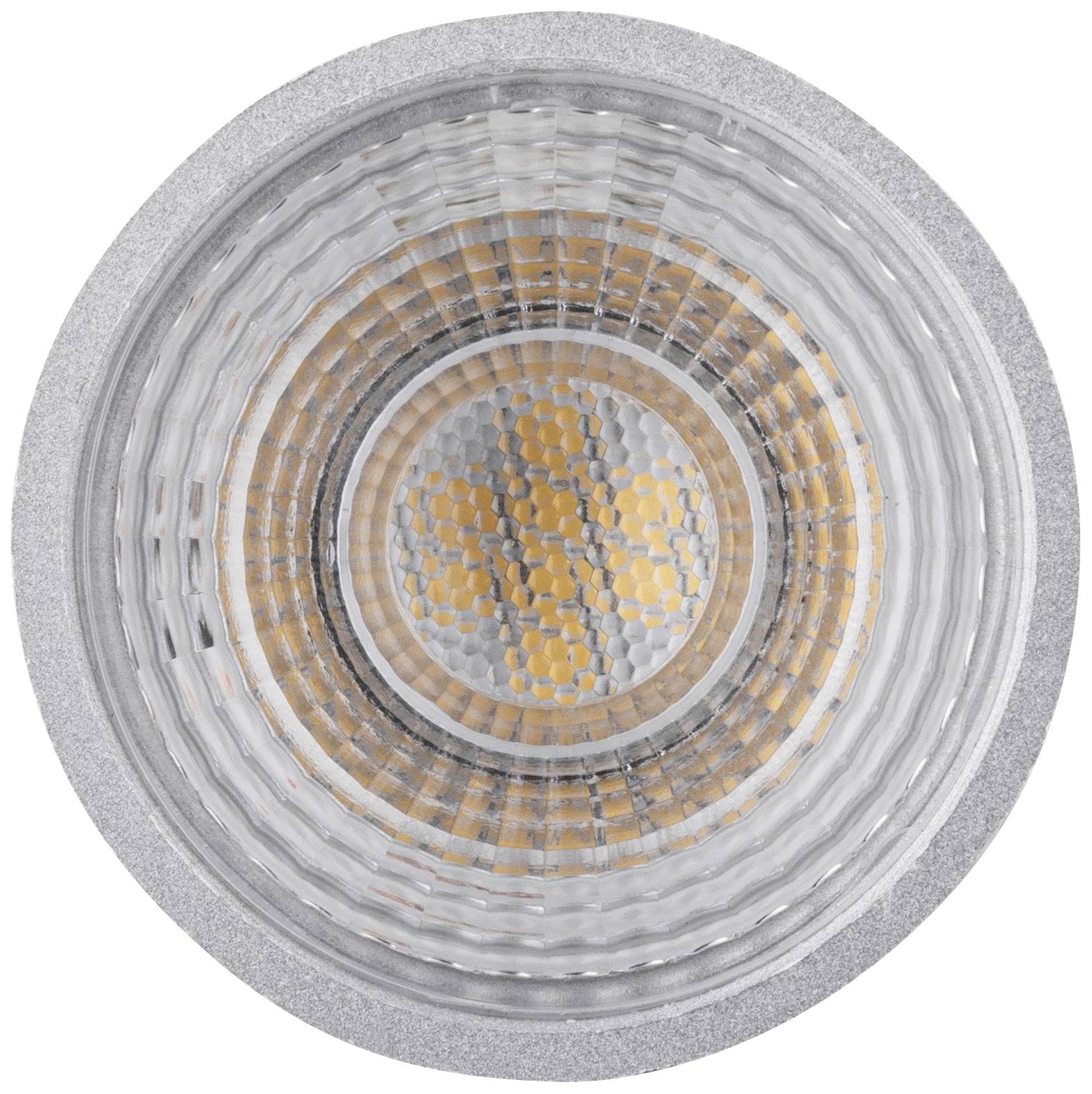 Gros plan d'une ampoule LED vue de dessus, montrant une forme circulaire avec des puces LED orangées visibles à l'intérieur.