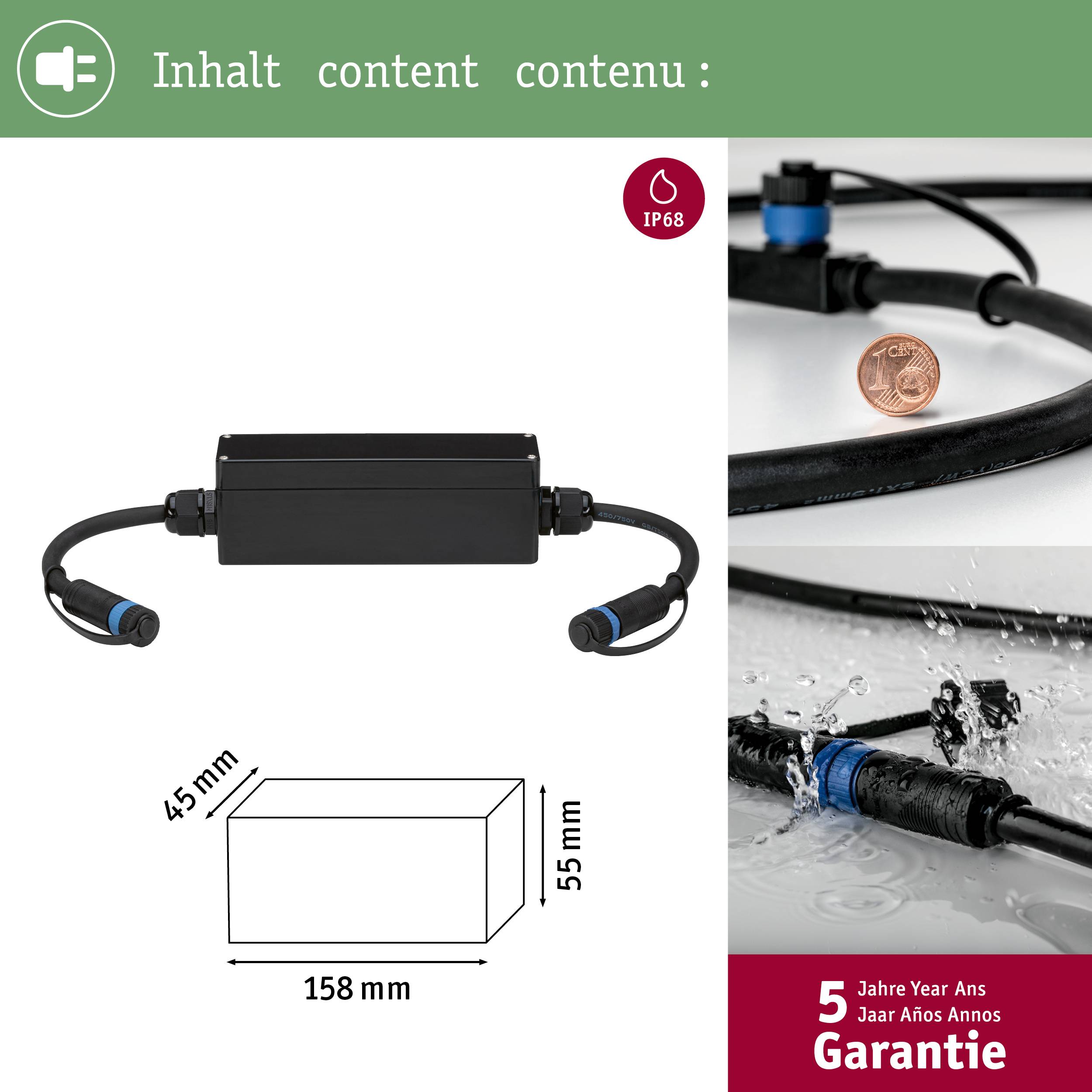 'Connexion de câble protégée contre les éclaboussures IP68, dimensions : 158x45x55mm. Garantie de 5 ans. L'image montre la connexion et les dimensions.'