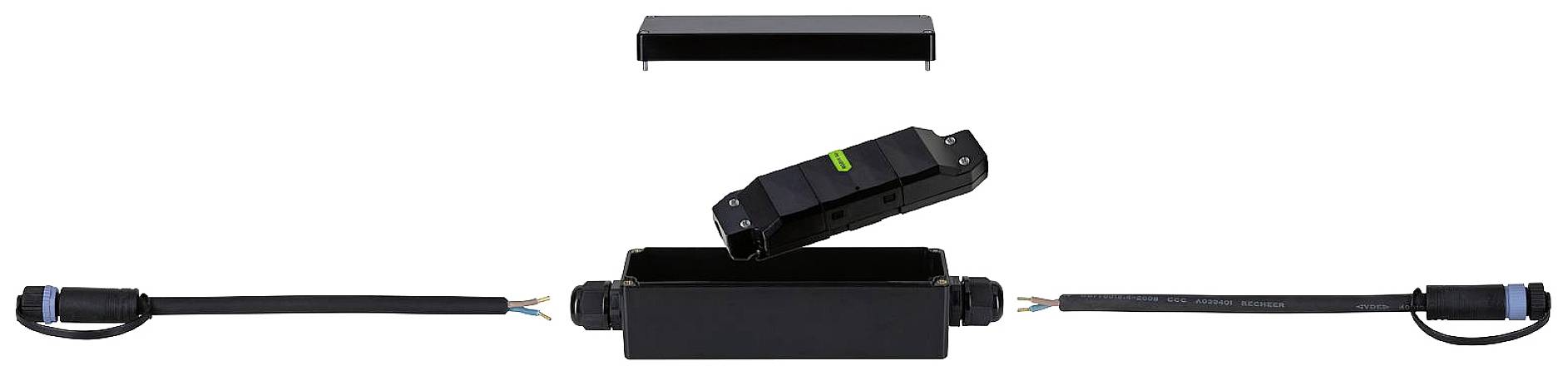 Un composant électronique avec des connexions de câbles sur les deux côtés et un module central en lévitation au-dessus d'un couvercle ouvert.
