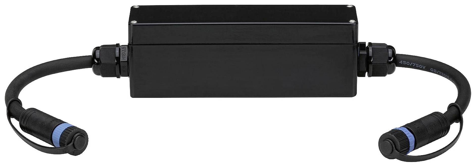 Un connecteur inline rectangulaire noir avec des câbles et des marquages bleus à chaque extrémité, adapté pour les connexions électriques.