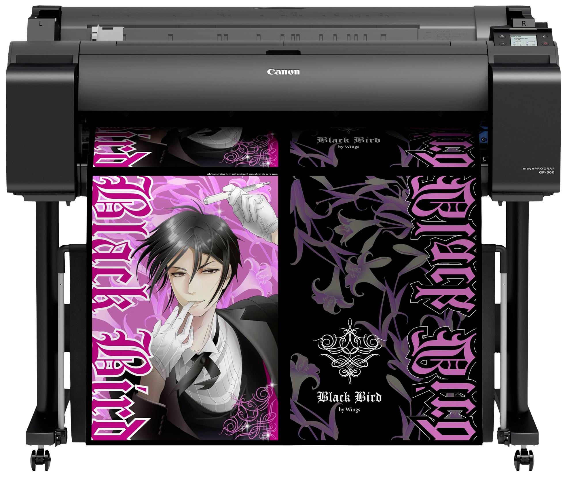 Imprimante Canon affichant une illustration de manga d'un homme aux cheveux sombres et vêtu de noir, entouré de motifs roses et noirs.