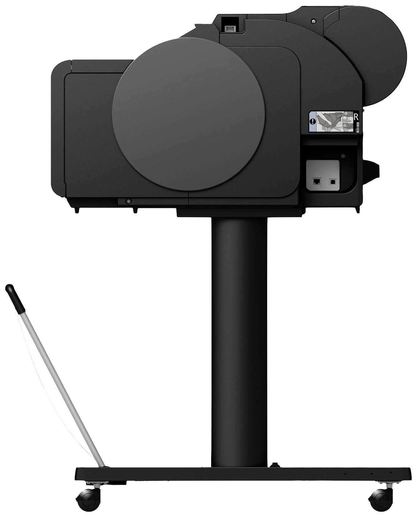 Un appareil d'impression noir moderne monté sur un support avec des roulettes, adapté aux applications industrielles.