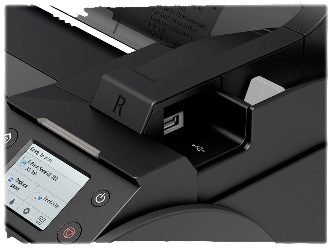 Imprimante avec un petit écran affichant 'Prêt à imprimer'. Le port USB et les touches de contrôle sont visibles.