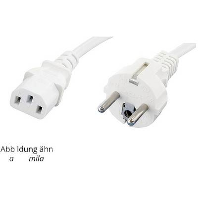 Un câble réseau blanc avec une fiche C13 à gauche et une fiche Schuko à droite, utilisé pour la connexion à des appareils électriques.