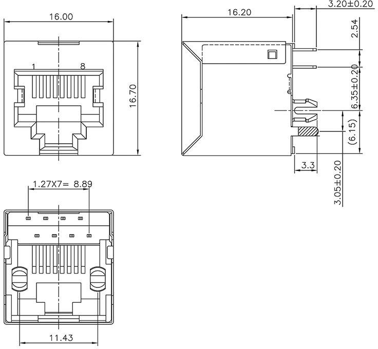 Croquis technique d'une prise électronique avec dimensions. Présente les vues de face, de côté et arrière. Dimensions indiquées en millimètres.